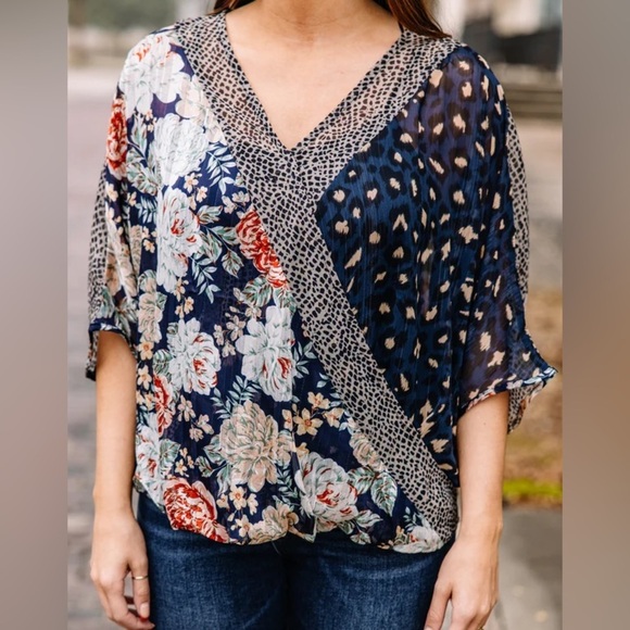 Umgee | Navy Mixed Print Boho Surplice Top, Small - Picture 3 of 7